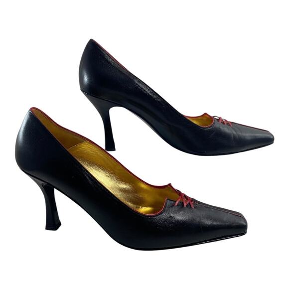 Timothy Hitsman Vintage Black Pointy Red Lace Up Detail Size 8.5 Punps Heels - Picture 3 of 8